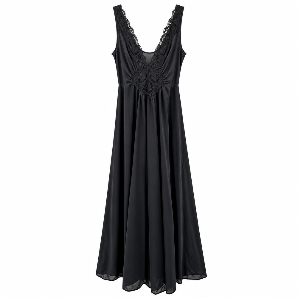 Olga Women's L Black Lace Nylon Nightgown Vintage Full Sweep Goth Slip Dress